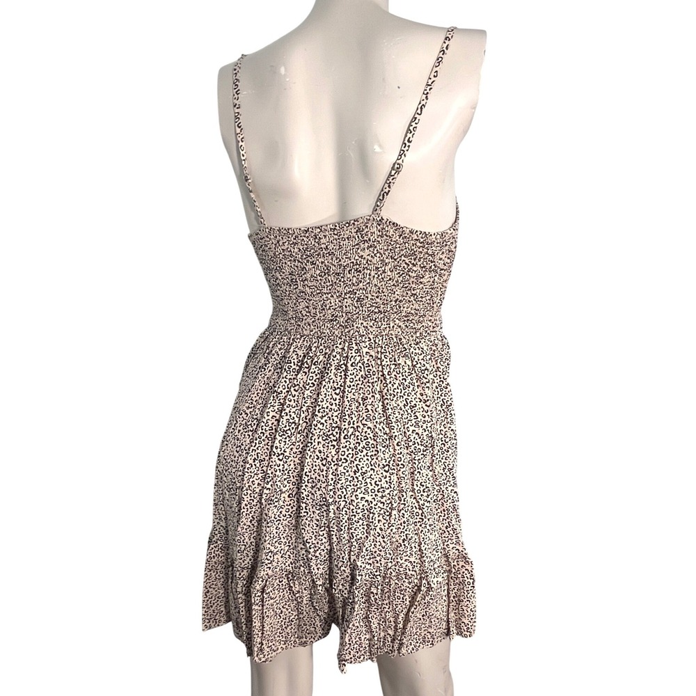 Japna Sundress Womens Size S Tan Leopard Print Smocked Mini Dress Pockets Boho - Picture 3 of 9